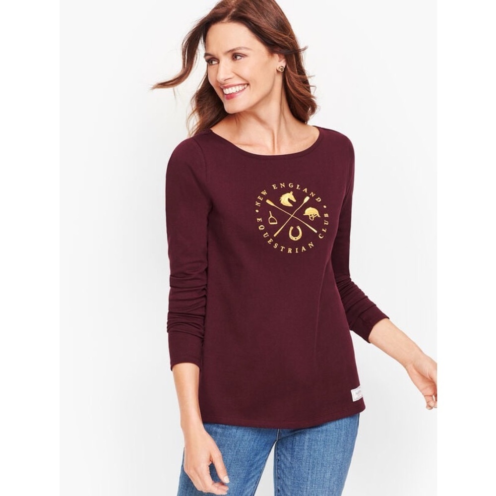 Talbots New England Equestrian Club Tee Maroon Gold Crest Logo Long Sleeve 1XP